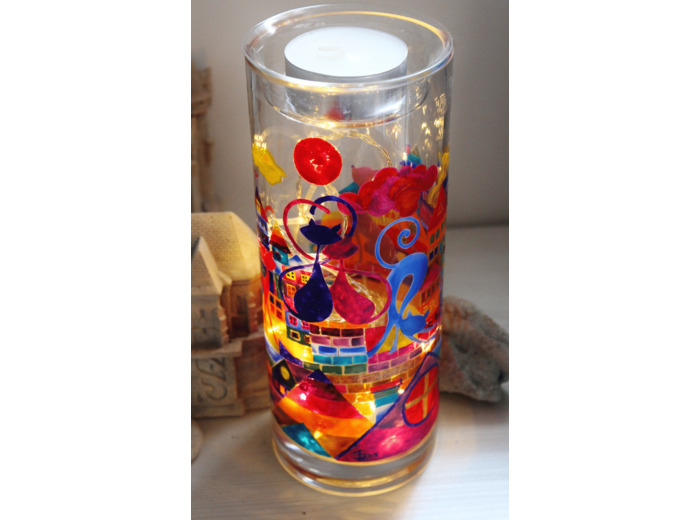 Très jolie lampe photophore vase décoré à la main sur le thème des chats pour 3 usages en un, pièce unique signée et numéroté.