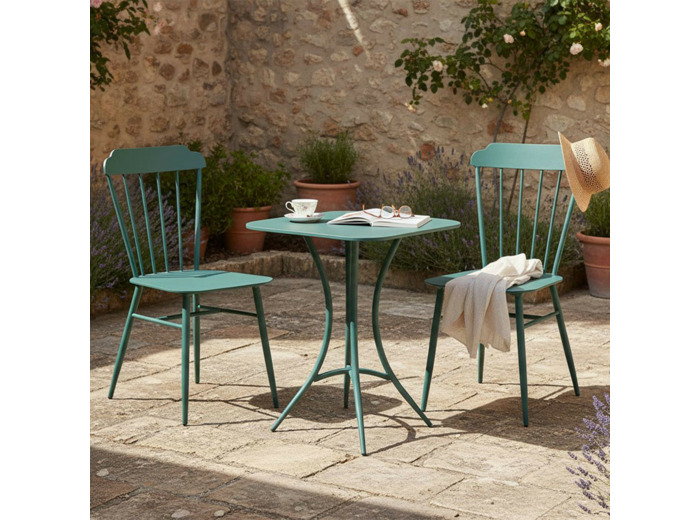 Ensemble table et 2 chaises fer vert 60x60x71cm
