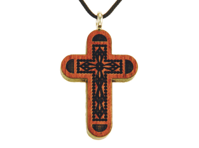 Croix en Bois d'Erable Vernis 3,2cm avec Cordon - MOTIF EN RELIEF