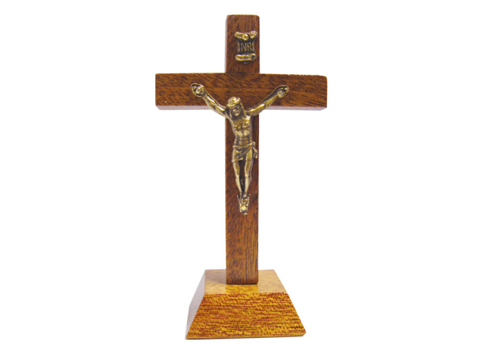 Crucifix en Bois sur Pied 11cm avec Christ en Métal Bronze