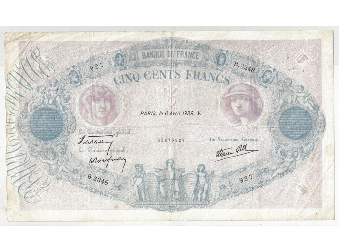 FRANCE 500 FRANCS BLEU ET ROSE 06/04/1939 TB+ B.3348