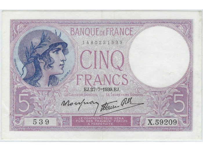 FRANCE 5 FRANCS VIOLET 27-7-1939 X.59209 SUP