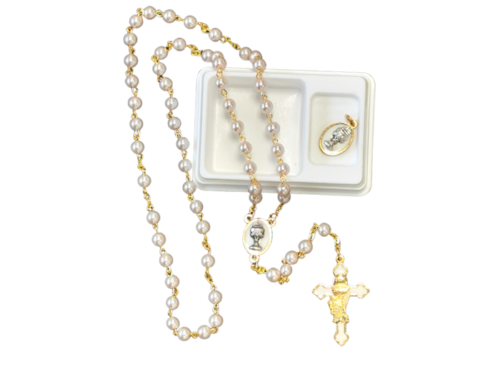 Coffret COMMUNION Chapelet doré + croix raisin