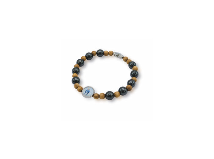 Bracelet élastique en perles Hématite et bois Olivier- V. Miraculeuse