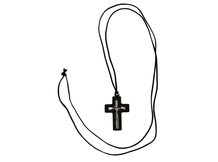 Croix en Bois Foncé 3,5cm avec Christ Métal Argenté + Lacet