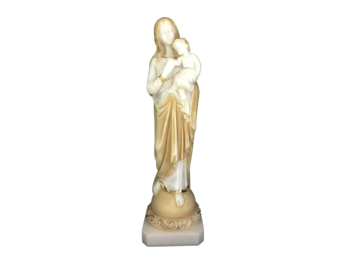 Vierge à l'Enfant - Statue en albâtre 24cm -Beige et Or