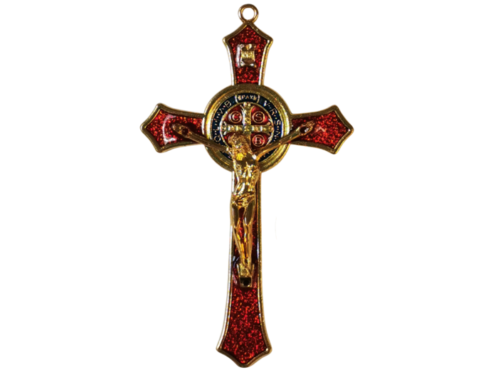 Croix Saint Benoît Dorée et Email Rouge 11,5 cm