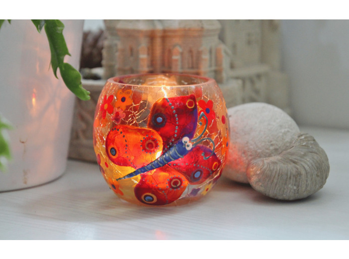 Photophore en verre craquelé  peint à la main très coloré dans les tons chauds sur le thème des papillons, objet unique et original.