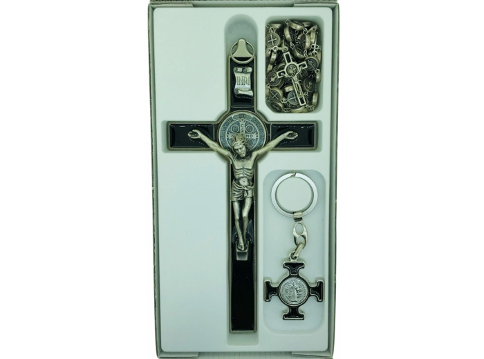 Coffret St Benoît 22,5x11,5cm croix + chapelet + PC - NOIR