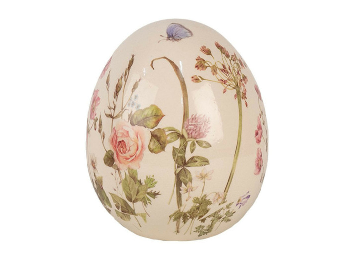 Grand œuf décoratif beige céramique fleurs 14x16cm