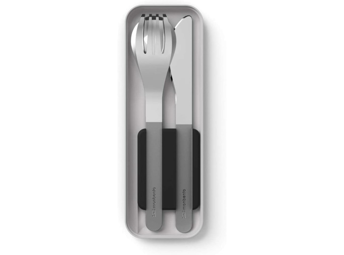MONBENTO - Set Couverts Lunch Box MB Slim Box Onyx - 3 Pièces Fourchette Couteau Cuillère - Couverts Nomades pour Bentos - Inox - Noir Onyx