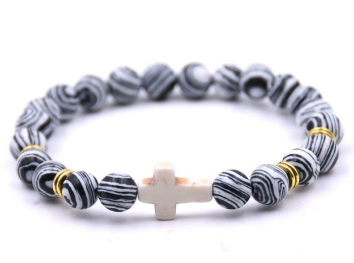 BRACELET élastique 8mm en pierre véritable- Malachite Noire/Blanche