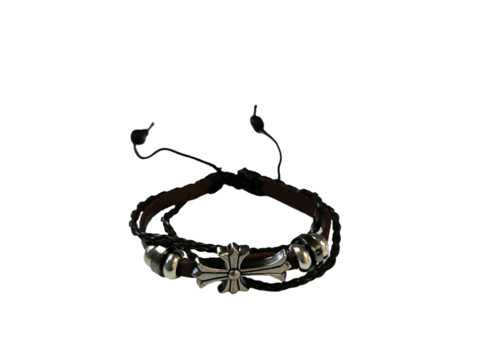 Bracelet en Cuir + Croix en Métal - MARRON FONCÉ