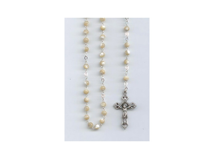 Chapelet chaine arg. grains ronds 4mm- NACRE CAPUCCINO- coeur THERESE