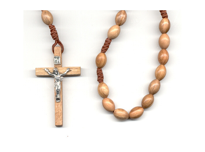 Chapelet OLIVIER sur CORDE grain OVALE croix bois avec Christ