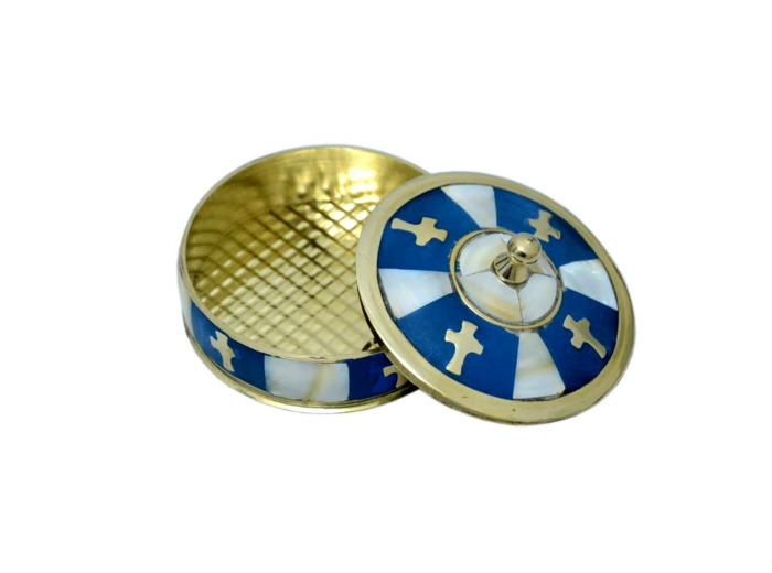Boîte à chapelets en Nacre et Laiton - Bleu - Diamètre 7cm