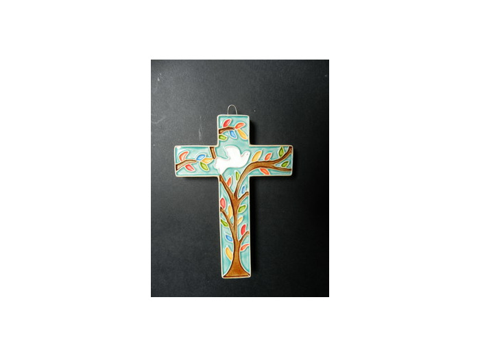 Croix en céramique 12x8cm- ARBRE + COLOMBE