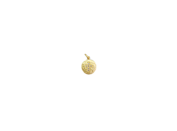 Médaille frappée en argent 925 plaqué-or diam.1,5cm- Croix strass