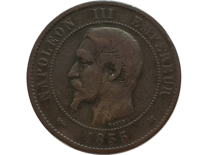 FRANCE 10 CENTIMES NAPOLEON III 1855 K (Bordeaux) chien TB- (G248)