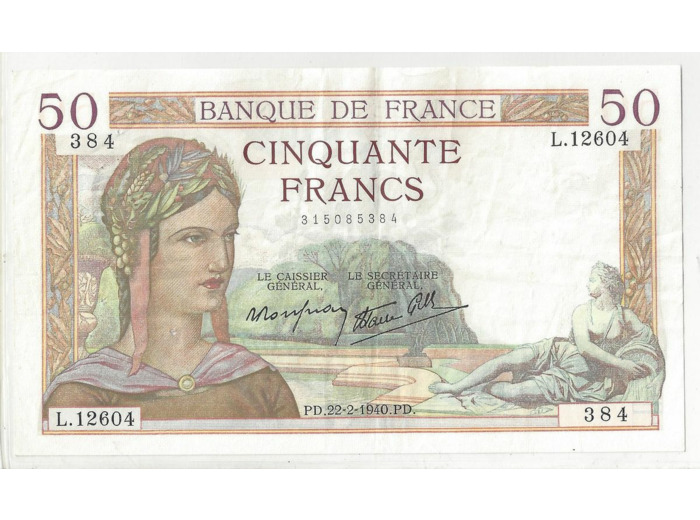 FRANCE 50 FRANCS CERES 22/02/1940  TTB+ L.12604