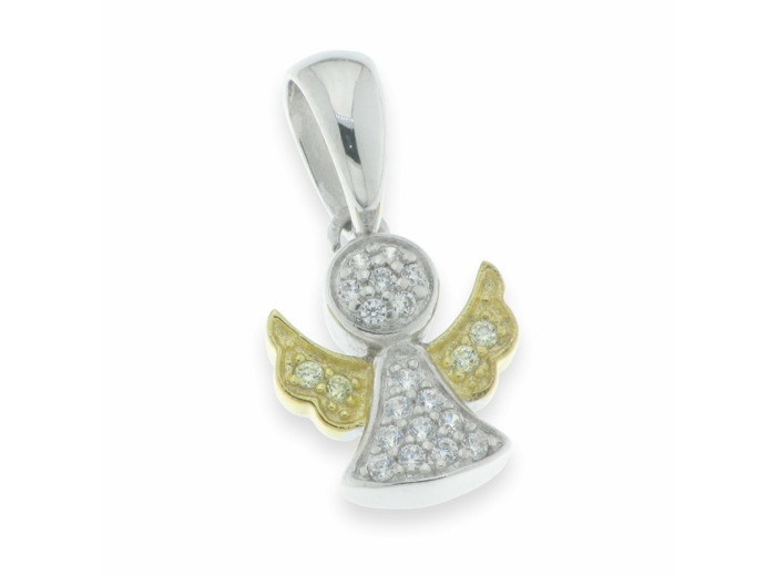 Ange pendentif en Argent 925 + Zirconiums- Ailes Plaqué-or- 1cm