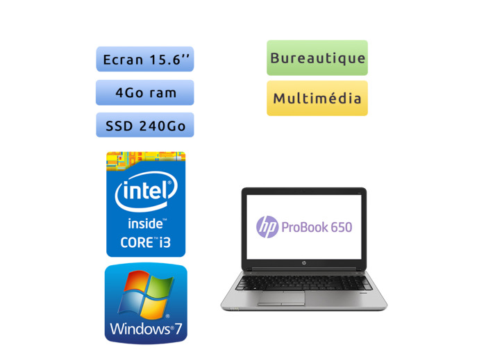 HP ProBook 650 G2 - Windows 7 - i3 4Go 240Go SSD - 15.6 - Webcam - Ordinateur Portable PC - bureautique
