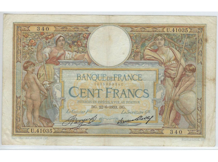 FRANCE 100 FRANCS MERSON SANS LOM SERIE U.41035 22-6-1933 TTB