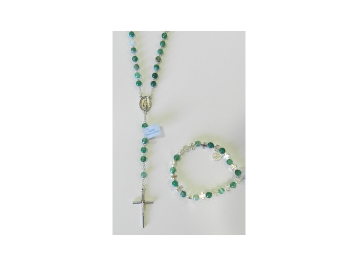 Coffret Chapelet +bracelet-dizainier argenté- AGATE VERTE