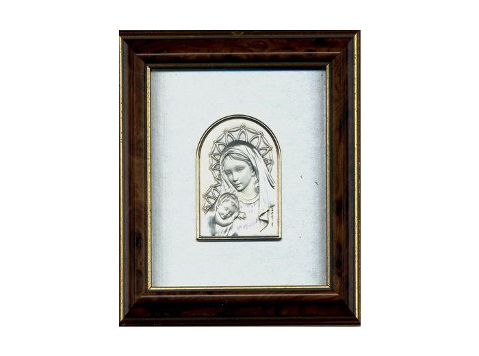 Cadre marron 14.5x12.5cm plaque argent ogive Vierge+enfant