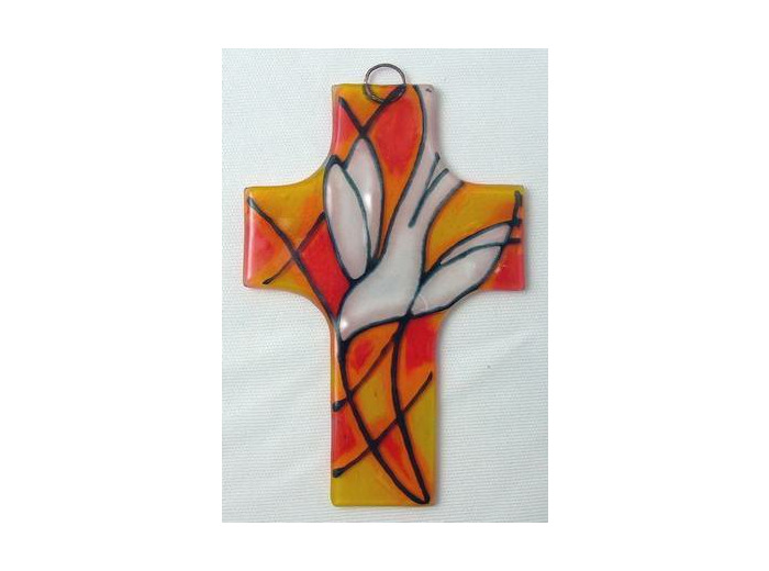 Croix en verre 8x12cm- VITRAIL COLOMBE- orange