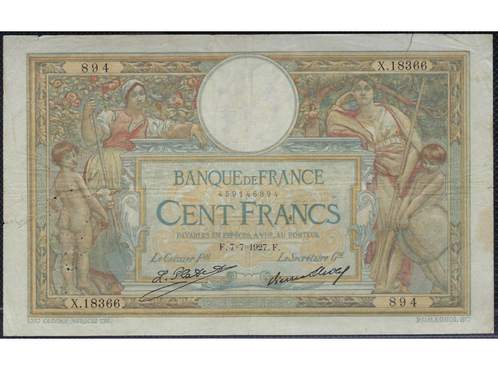 FRANCE 100 FRANCS MERSON sans LOM 7-7-1927 X.18366 TB+ (F24/06)