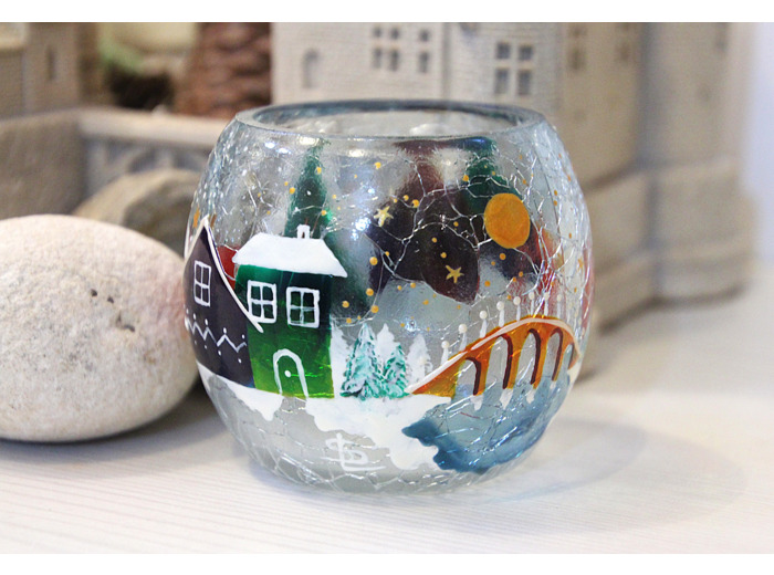 Photophore en verre craquelé peint à la main sur le thème de Noël - Peuvent être vendus par lot de deux