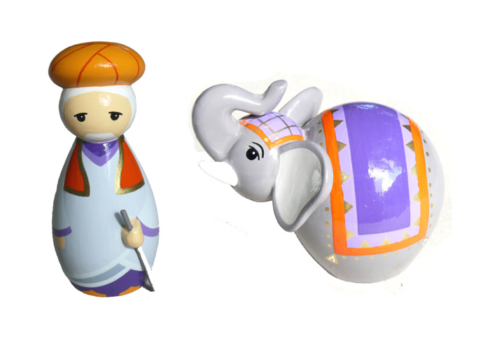 Cornac et éléphant en bois tourné 10cm + boite