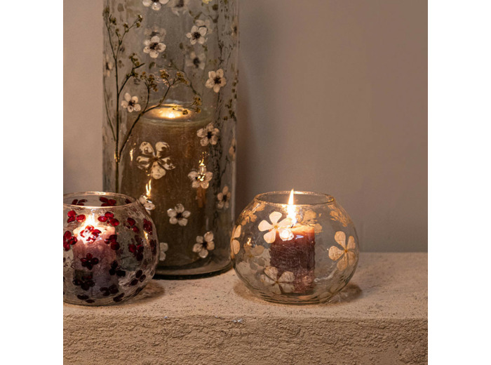 Photophore rond verre motifs fleurs Faron beige 15x15x13cm