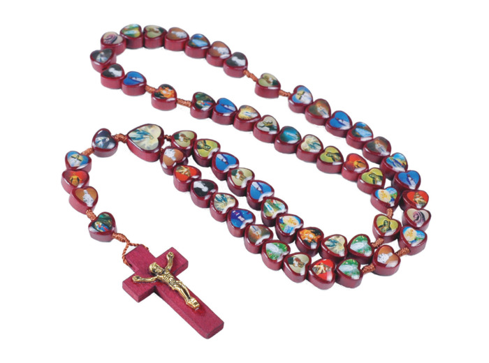 Chapelet en Bois Coeur sur Corde - 25 APPARITIONS MARIALES MONDE