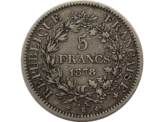 FRANCE 5 FRANCS HERCULE 1878 K (Bordeaux) TB+ (G745a)