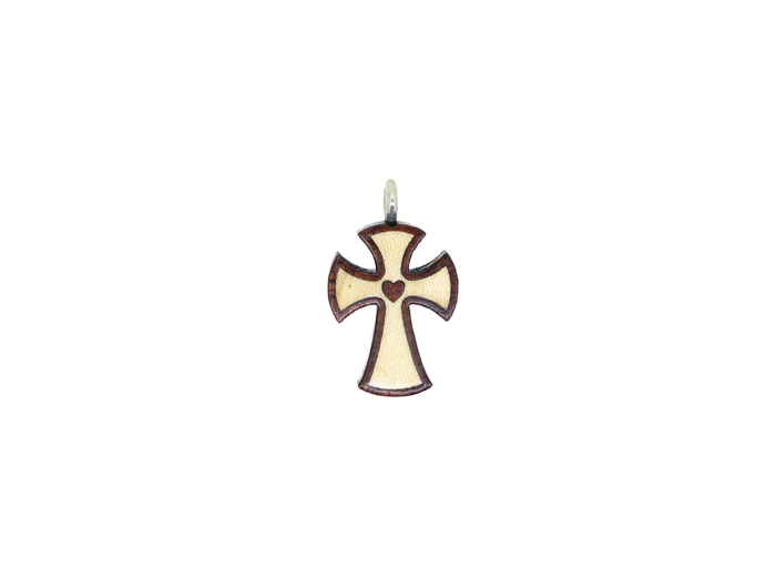 Croix en Bois d'Erable Vernis 2,5cm avec Cordon - 2 TONS COEUR