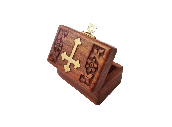 Boîte à Chapelets en Bois avec Croix en Bronze 8x5x4cm