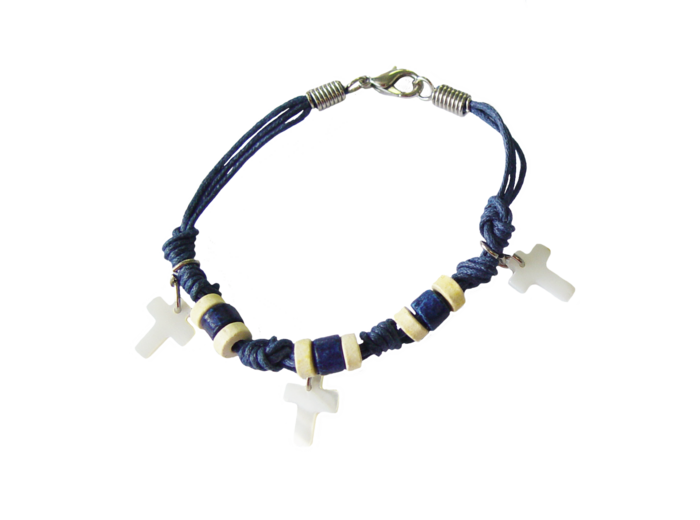 Bracelet en Corde + Croix en Nacre - BLEU