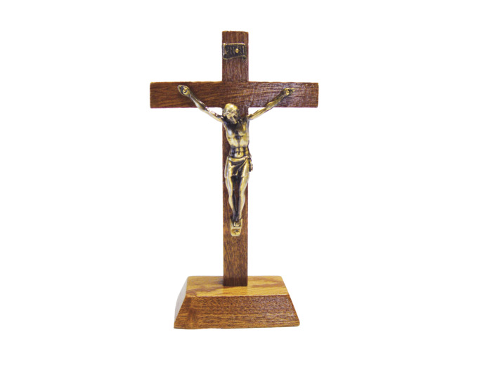 Crucifix en Bois sur Pied 16cm avec Christ en Métal Bronze