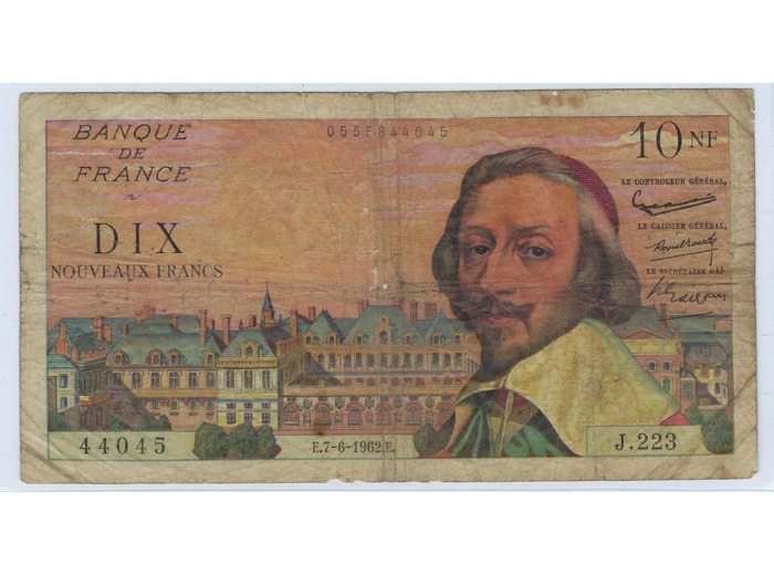 FRANCE 10 NOUVEAUX FRANCS RICHELIEU 7-6-1962 J.223 TB