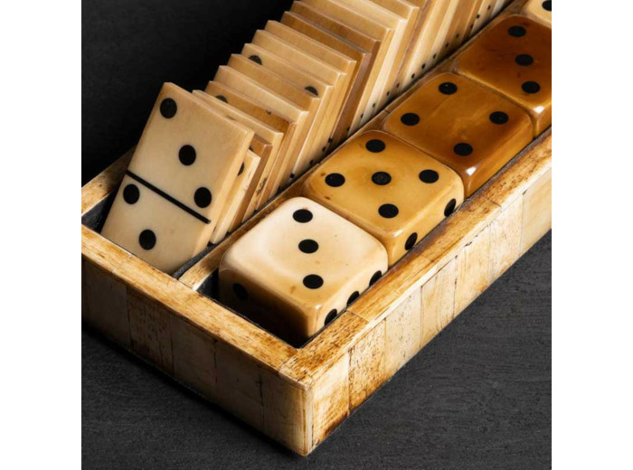 Jeu de Domino Dés Seventies Résine Noire Corne Naturelle 21x10x7cm