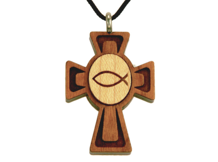 Croix en Bois d'Erable Vernis 3,5cm avec Cordon - POISSON