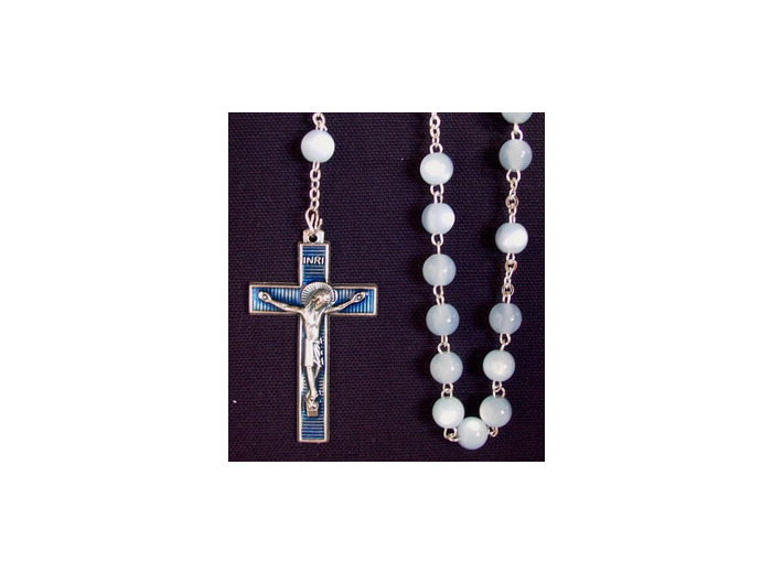 Chapelet verre BLEU ciel translucide chaine et croix argentée