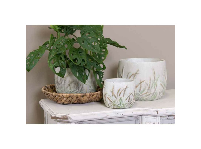 Pot de fleurs pierre tige de blé beige vert 13x13cm