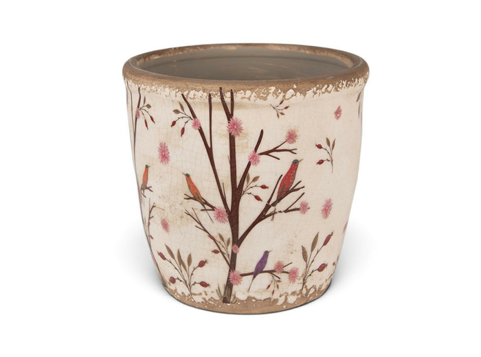 Pot de fleurs d'intérieur beige et marron en céramique motifs branches 16x16cm
