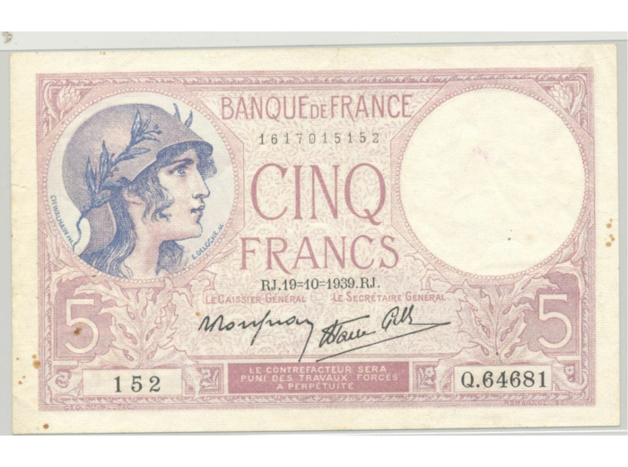 FRANCE 5 FRANCS VIOLET 19 10 1939 Q.64681 TTB
