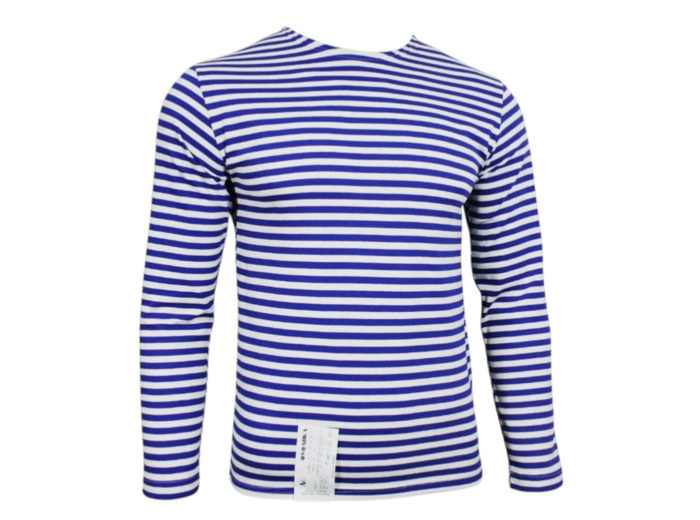 Telnyashka : marinière russe tricotée bleu roi / blanc authentique