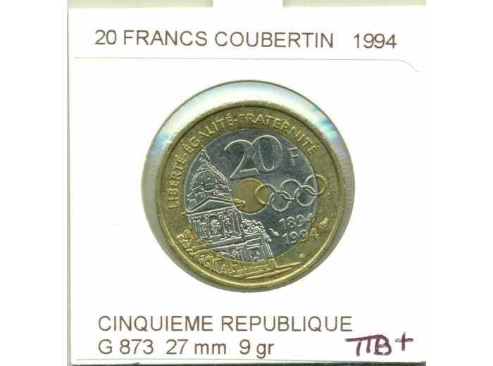 FRANCE 20 FRANCS PIERRE DE COUBERTIN 1994 TTB+