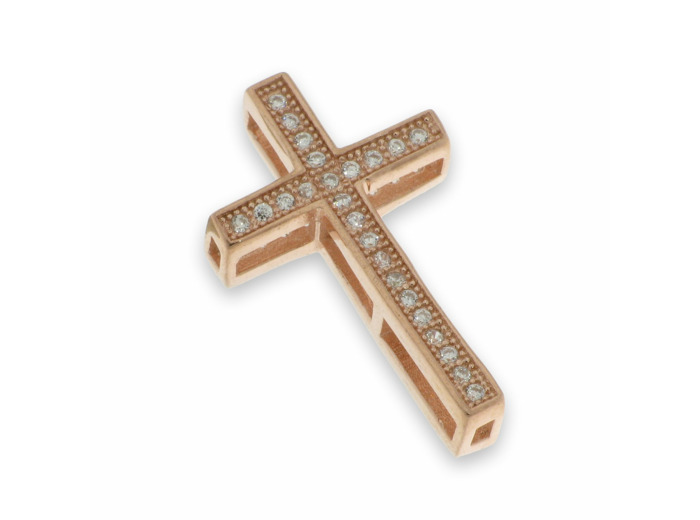 Croix pendentif en Argent 925 Plaqué-Or rose et Zirconiums- 2,3x1,3cm